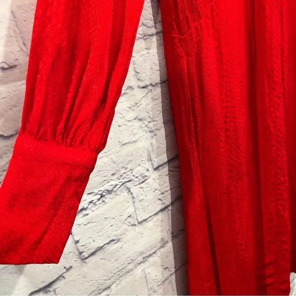 H&M Size 2‎ Red Satin Jacquard Faux Wrap Long Sleeve Midi Dress V Neck - Picture 6 of 9